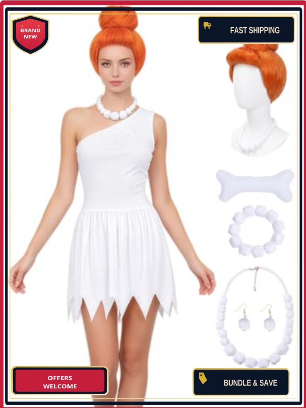 Women Halloween Costume Set White Dress Wig Accessories Cosplay